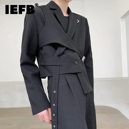 IEFB Men's Chic Short Blazer 2023 New Autumn Detachable Two-piece Suit Coat Irregular Hem Fashion Design Black Jacket 9Y9250