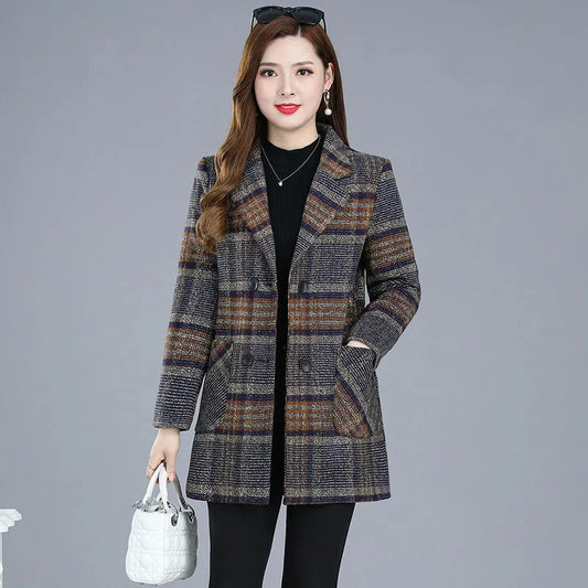 Mother's clothing Plaid Woolen Jacket 5xl Autumn Winter Female Thicken Slim Middle length Outwear Korea Women's Casual Wool Coat